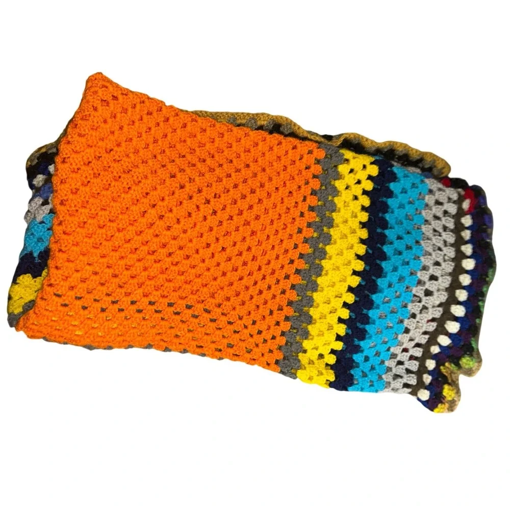 Vintage Handmade Crochet Granny Square Blanket Multi Color Boho Throw Afghan